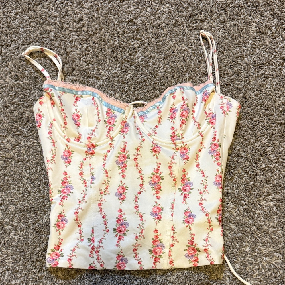 Edikted Cream Floral Bustier Cami with Pink Rose Print